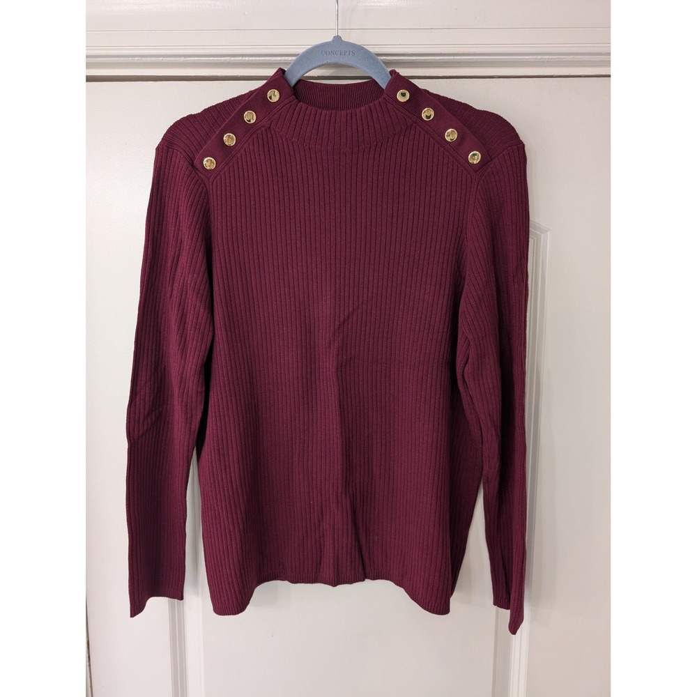 Talbots Plus Burgundy Ribbed Mock Neck Sweater Gold Buttons 1X NEW festive